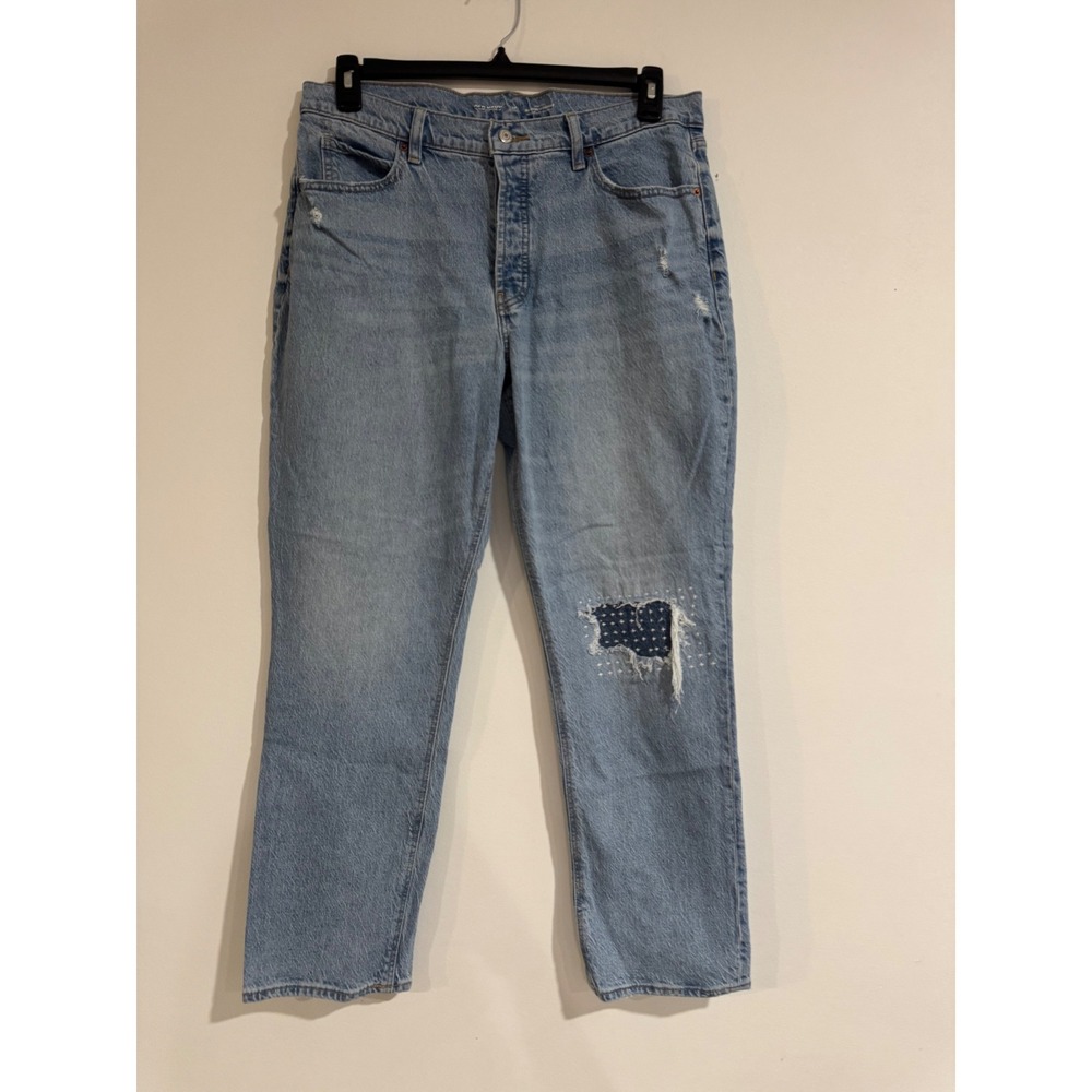 Old Navy Slouchy Straight‎ High Rise Jeans Womens 12 Blue Sashiko Patchwork